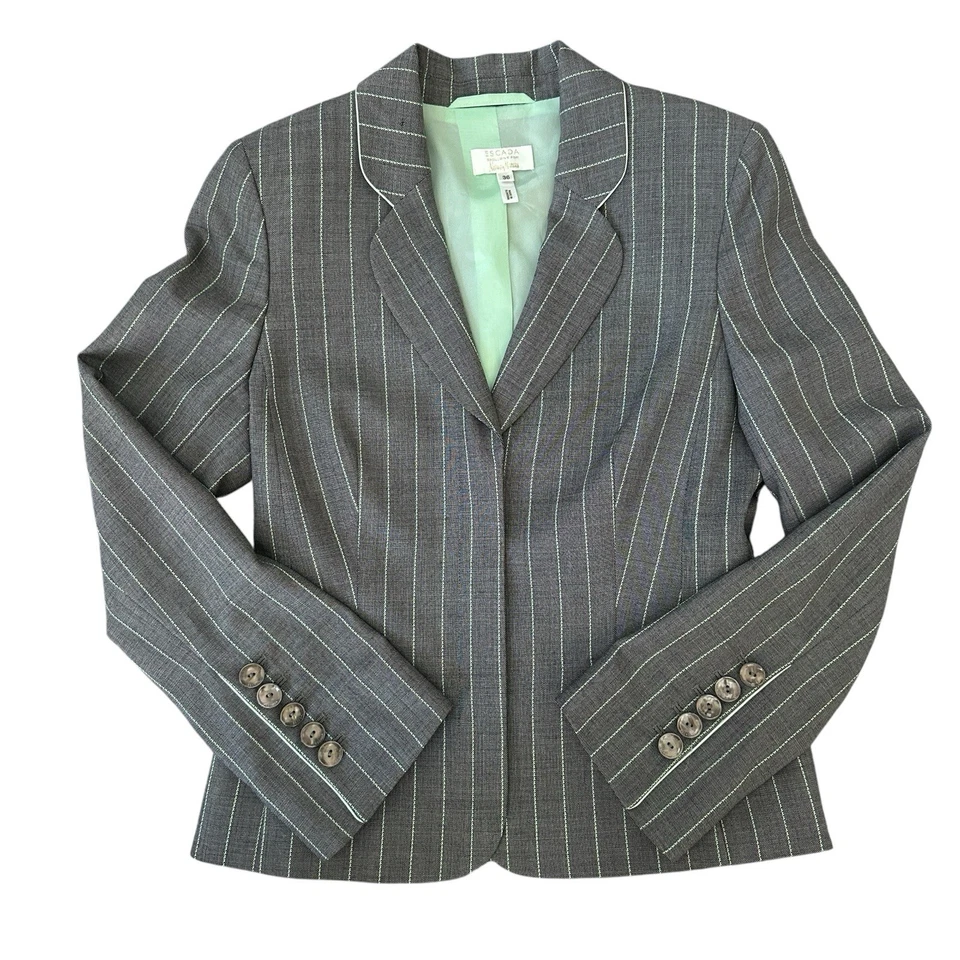 Traje Escada 2 Piezas Blazer Pantalones Para Mujer 36 EE. UU. 6 Rayas Gris Verde Mezcla Lana Foto 2 de 4