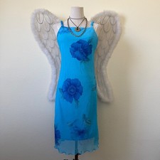 Y2K Turquoise Blue Floral Midi Dress Size 7/8 Vintage Retro Bright Girly Grunge