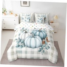 Fall Pumpkin 7 Pcs Comforter Set Buffalo Plaid Bedding for King Blue White