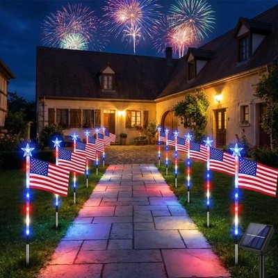 8 Pack Solar American Flag Pathway Lights-4th of July Outdoor Decor American Fla