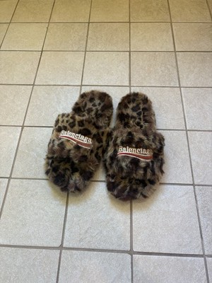 Balenciaga Men's US 11 Faux Fur Leopard Logo Slide Sandals Brown/Black
