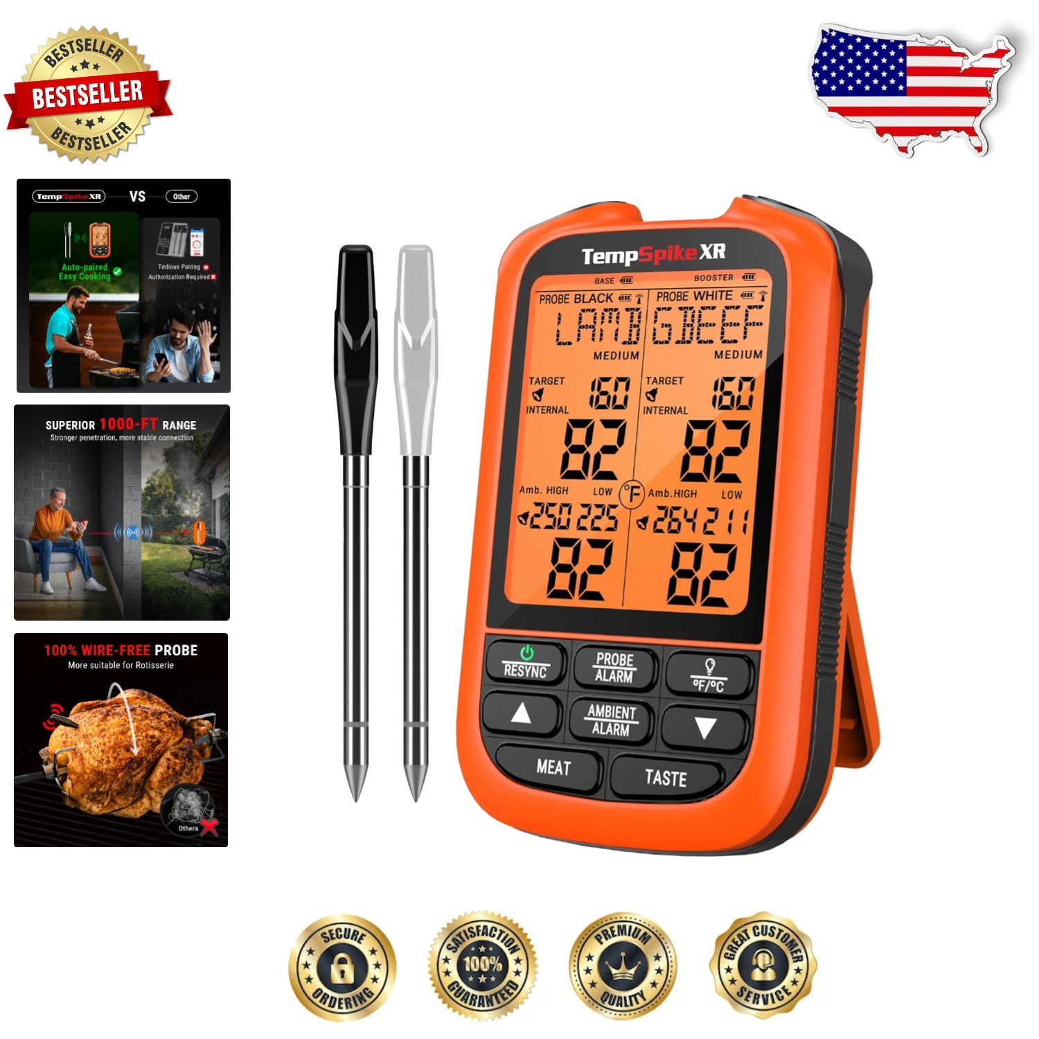 Pro Meat Thermometer Digital 1000ft, Waterproof Probe, Large Display, RF Signal