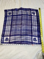 Vintage Silk Blue White Plaid With Blue Rose In Corners 20  x20  Handkerchief
