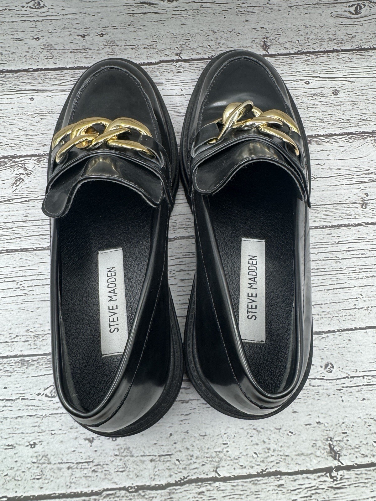 SAOLA Steve Madden Mocassino Donna 7 5 Nero Suola Grossa Lug Catena Makira Ottimo