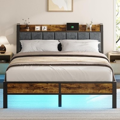 Queen Size Bed Frame with Wood Headboard Metal Platform Bed with USB Charging