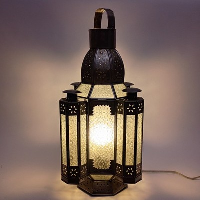 Vintage Pottery Barn Moroccan Hanging Lamp Lantern Large 19'' Silver Tone Pierced