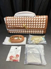 Woven Clutch Purse Brown&White Women Leather Evening Bag Shoulder Handbag  NWT