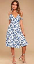 Lulus Arise Blue White Floral Off Shoulder Midi Dress Women’s Small NWT Wedding