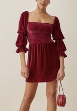 Reformation Albi Crimson Red Velvet Smocked Dress Size L  $278.00