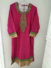 Kurta Women s Hot Pink Gold Embroidery Long Sleeve Kaftan With Dupatta XL