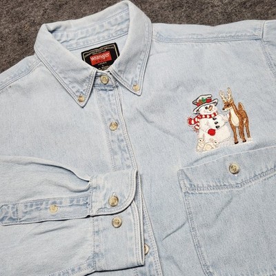 Wrangler Womens Button Denim Shirt Snowflakes Snowman Christmas Granny Large