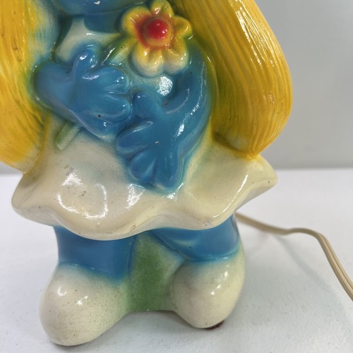 Vintage Schlumpfine Schlümpfe Kreidegeschirr Tischlampe mit Originalschirm getestet funktioniert - Bild 6 von 17