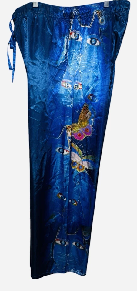 Laurel Burch Indigo Cats Pants Womens XL Satin Blue Lounge Pajama Folk Art PJs - Image 3 of 4