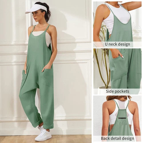 Womens Jumpsuits Loose Casual Rompers Sleeveless Spaghetti Strap Baggy Pockets - Picture 14 of 40