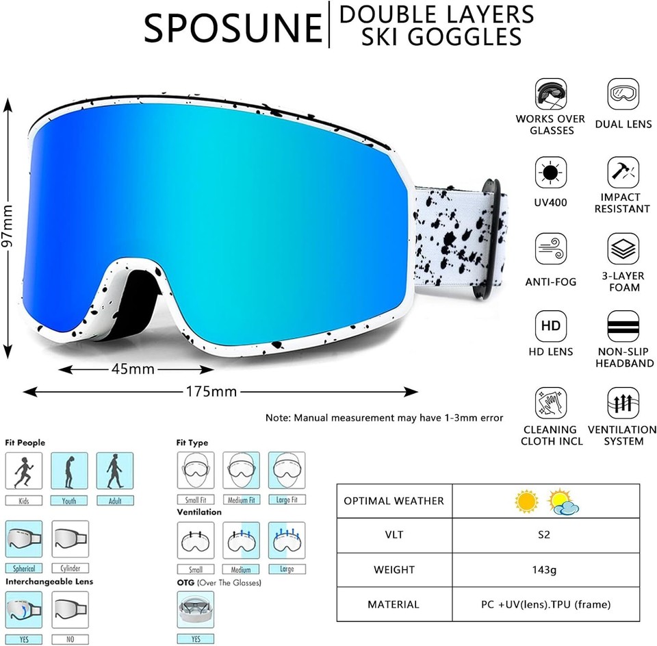 Winter Snow Ski Goggles w/Dual Lens Snowboard Snowmobile Antifog UV