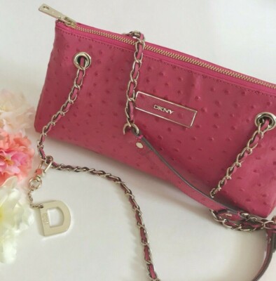 DKNY NY Shoulder Bag Crossbody Magenta Pink Ostrich Leather Gold Chain Top Zip 