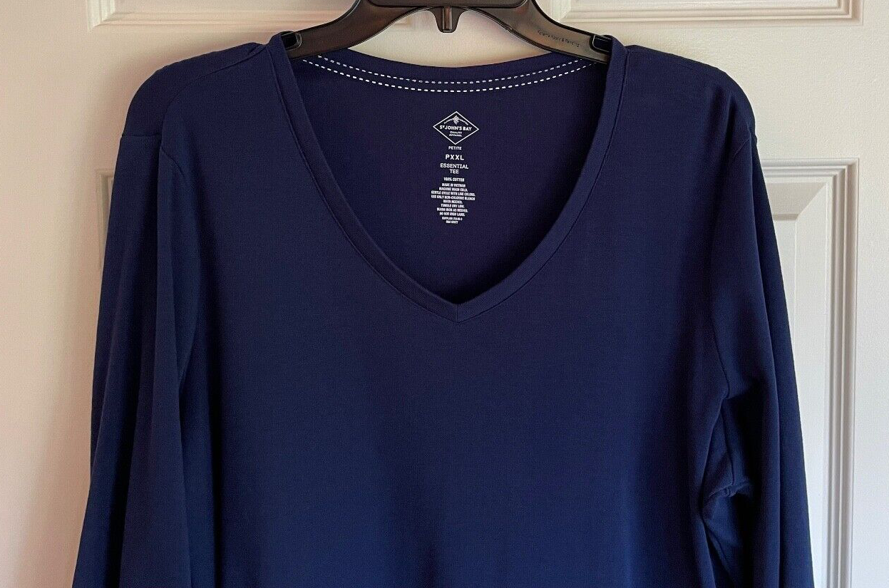 St. John's Bay Women's Petite XXL Cotton VNeck 3/4 Sleeve TShirt Navy