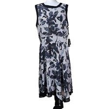 Adrianna Papell Black & Gray Floral Sleeveless Midi Dress Sz 14 Asymmetrical Hem