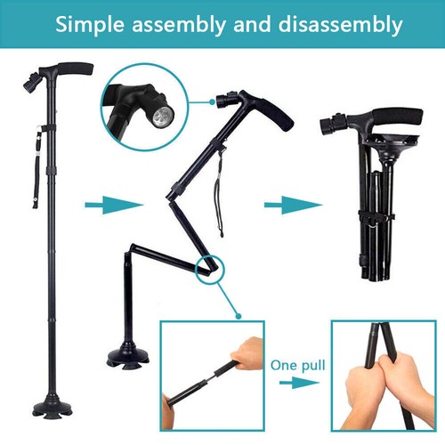 FOLDABLE WALKING STICK WITH LED LIGHT DISABILITY HEAVY DUTY CANE TORCH ALUMINIUM - Picture 10 of 24