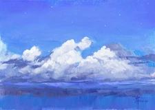Original Night Sky Small Acrylic Painting, Skyscape Clouds Stars Landscape Art