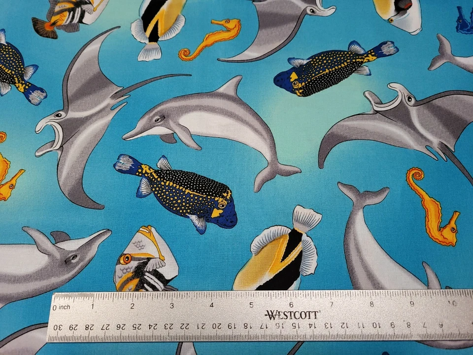 Tropical Breeze BTY Studio 8 Acolchado Tesoros Peces Delfín Azul Foto 2 de 3