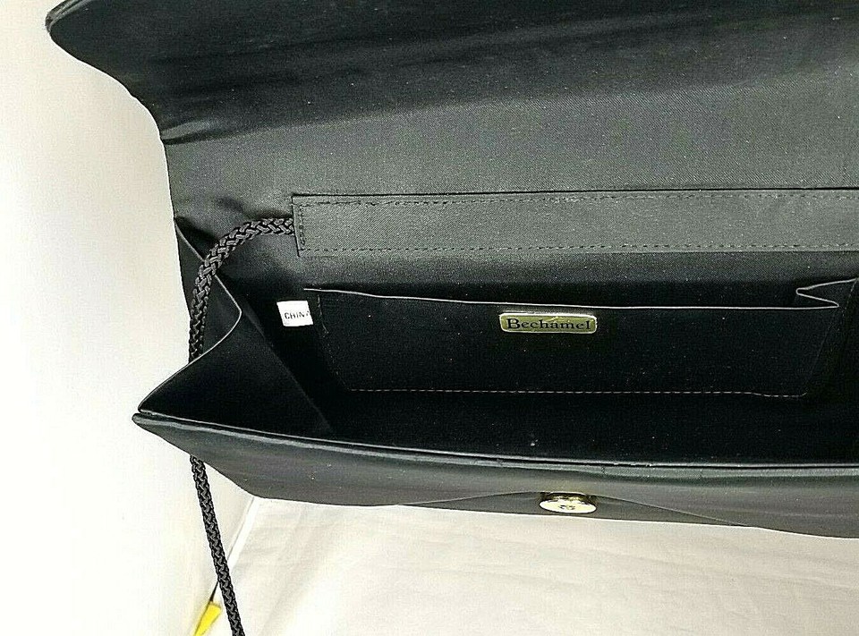 Clutch Handbag Bechamel Womens Black Satin with Rope Shoulder Strap