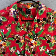 Disney Shirt Mens Large Red Rayon Hawaiian Camp Button Up Mickey Mouse Floral