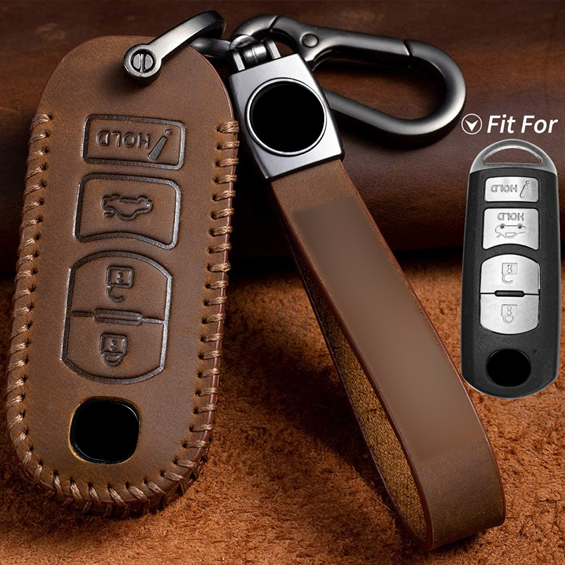 Genuine Leather Key Fob Cover Case For Mazda 3, 6, CX-5, CX-7, MX-5, CX-9 - Includes Key Chain