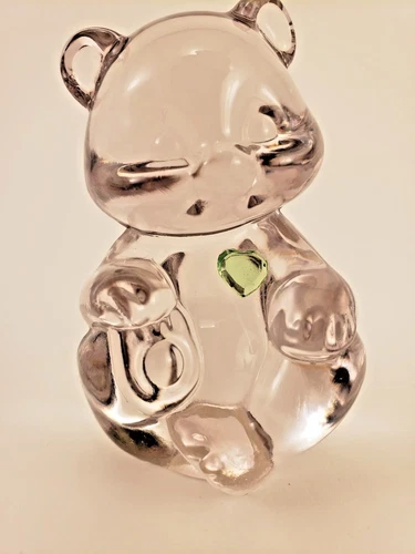 Fenton Birthday Crystal Clear Glass Bear  Heart Figurine USA Emerald May