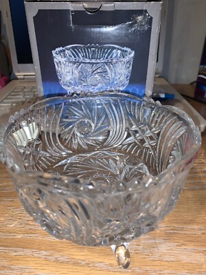 Lead Glass Floral Candy Peanut Dish Bowl Oval Footed Anna Hutte W. Germany 24%