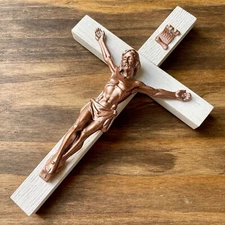 Wall Crucifix Wood White 8" Rose Copper Handmade in USA Cross Crucifijo Catholic