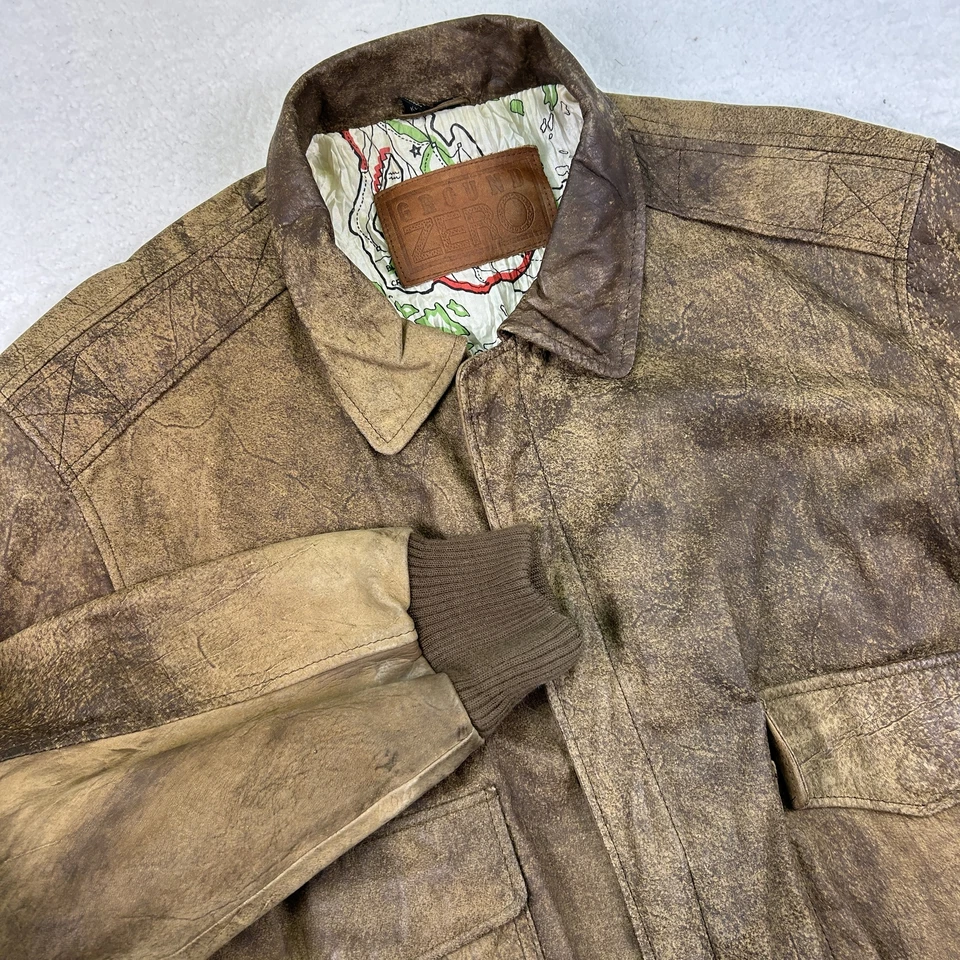Chaqueta de Colección Ground Zero Para Hombres 44 Bombardero Cuero Mapa Forro Aviador Años 80 Foto 2 de 4