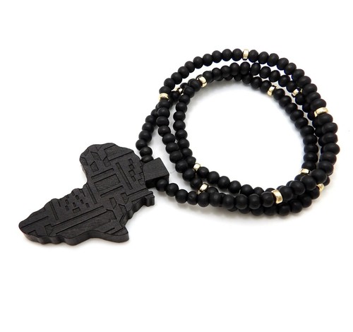 RAPPER STYLE BLACK AFRICA PENDANT & 6mm 26" WOODEN BEAD CHAIN HIP HOP NECKLACE - Picture 8 of 15