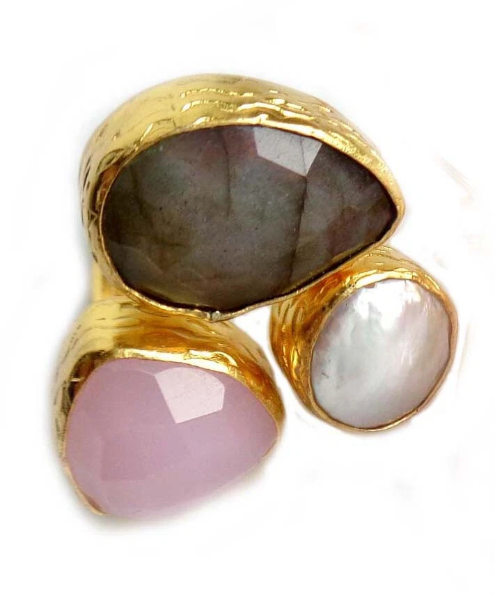 Ring Labradorit Barockperle  Rosenquarz Messing vergoldet Größe 52-55 IFR190F-2