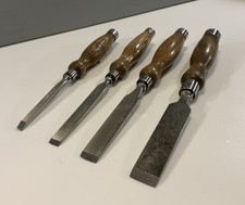 4 VINTAGE WOOD CHISELS WITH ASH HANDLES : E.A.BELL & SON / COLONEL / SWEARBY