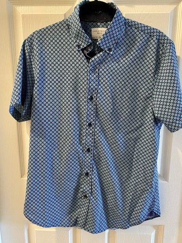 Construct Button Up Shirt Men's Medium White Blue Floral 4-WAY Stretch Slim Fit