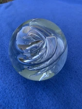 Vintage Hand Blown ART GLASS PAPER WEIGHT Clear SWIRL Controlled Bubbles Round