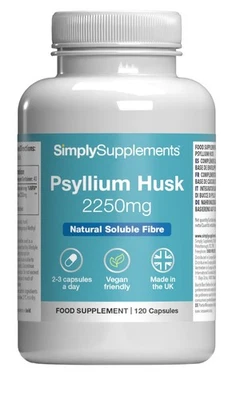 SIMPLY SUPPLEMENTS Psyllium Husk Capsules 2250mg * 120 Capsules * High Quality Fibre Supplement
