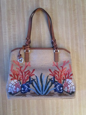 Brighton Straw Handbag Tote Sea Shells Coral Embroidery 2 Handle Paradise Cove