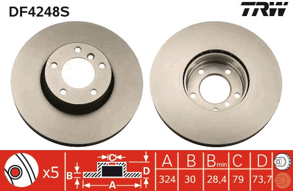 Disque de frein TRW DF4248S pour berline et break essence diesel avant 5 trous