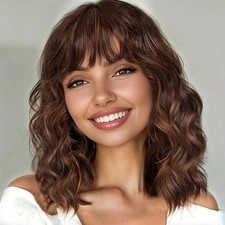 Brown Highlight Wavy Shoulder Length with Bangs 14in Premium Hair Wig