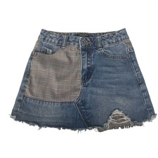Mango Kids Girls Blue Denim Plaid Patchwork Distressed Mini Skirt Size 5-6 116cm