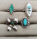 Lot of 4 Vintage Sterling Silver Native American Navajo or Zuni Turquoise Rings