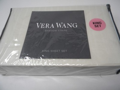 Vera Wang King Sheet Set 100% Cotton Shadow Stripe Satin Weave
