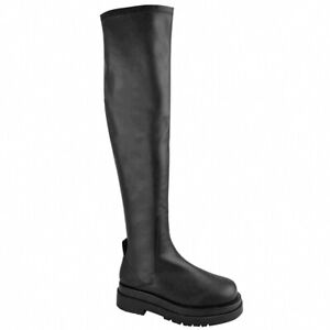 Womens Ladies Chunky Over the Knee Boots Black Comfy Winter Side Zip FashionBoot
