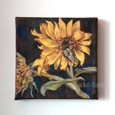 Small Sunflower Painting, Original Art on Stretched Canvas 6"x6" Ready to Hang