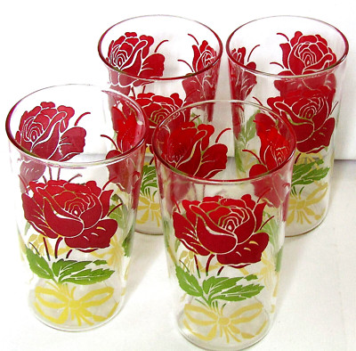 Vintage 4 Drinking Glasses RED ROSES & YELLOW BOWS Swanky Swig 4-3/4''