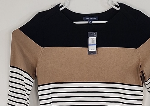 Tommy Hilfiger NWT Womens Black White Sand Striped 3/4 Sleeve Top, Size XL, $70