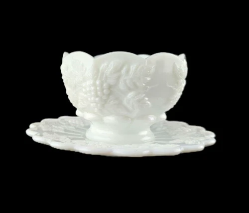 Vtg Westmoreland Grapes & Cable Paneled Milk Glass Saucer & Footed Mayo Bowl