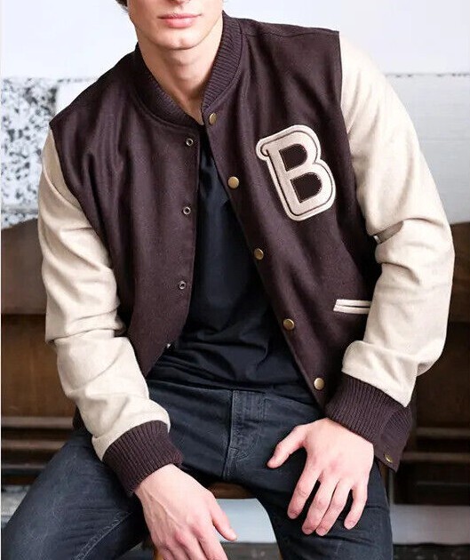 Men's B Logo Hotline Miami Payday 2 Letterman Wool Varsity Brown